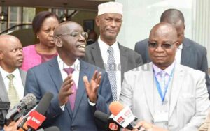 Education Principal Secretary Dr. Belio Kipsang and KICD CEO Charles Ongondo during a stakeholders forum for Senior Schools and Education Curricular at KICD Nairobi on Wednesday, April 03, 2024.